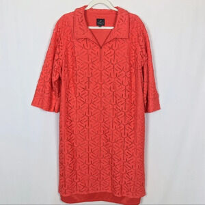 ADRIANNA PAPELL Woven Lace Eyelet 3/4 Sleeves Collared Tunic Long Top Flowy 22W